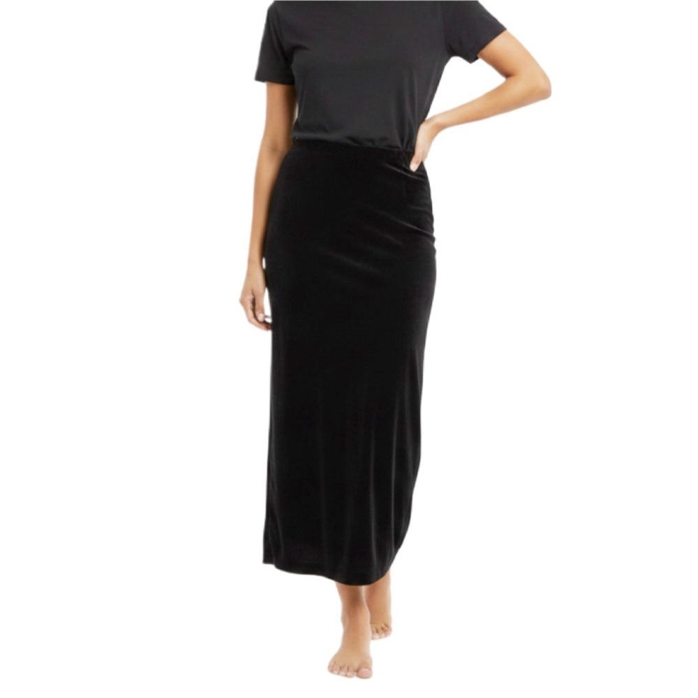 Vintage Elementz Black Midi Skirt Size M Stretch Elastic Waist Back Slit 90s - Picture 6 of 8